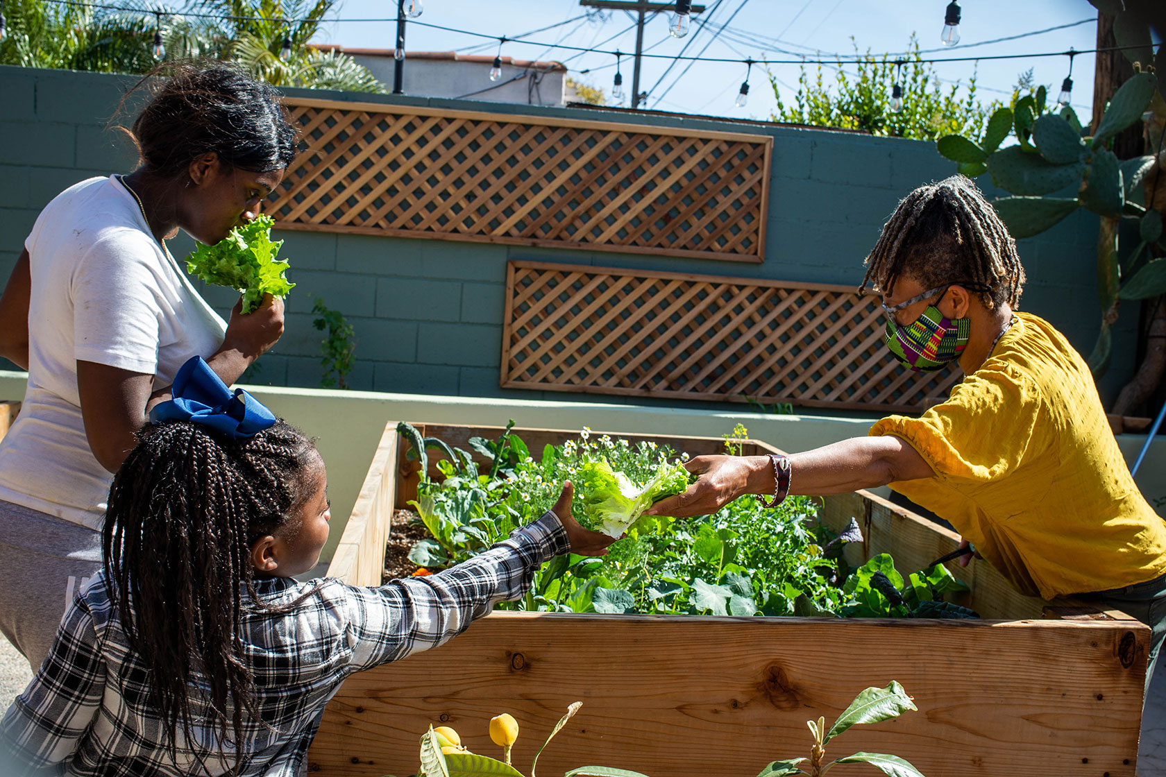 A midwife picks greens for a pregnant mother and her daughter.