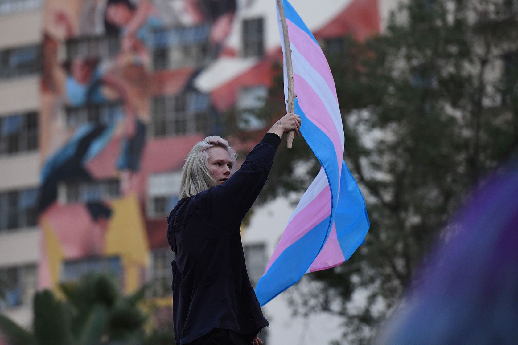 A person waves a transgender pride flag