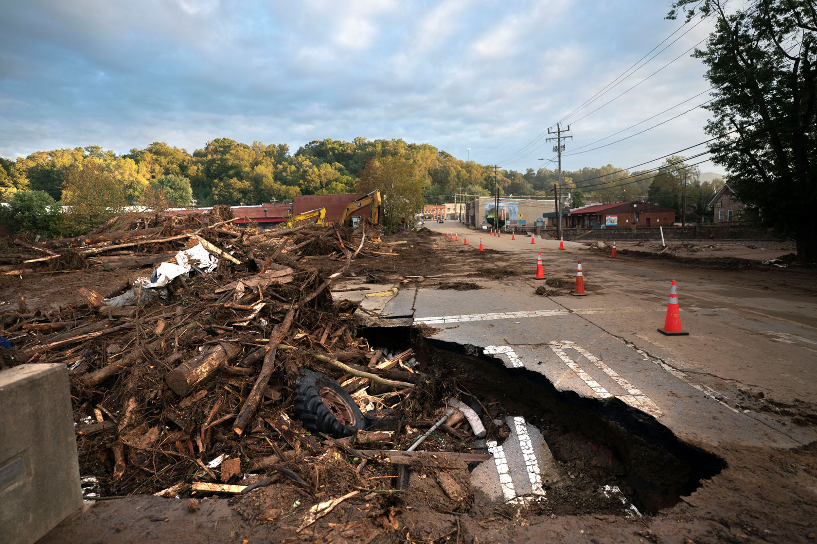 A bridge across Mill Creek damaged by flooding from Hurricane Helene is seen in Old Fort, North Carolina.