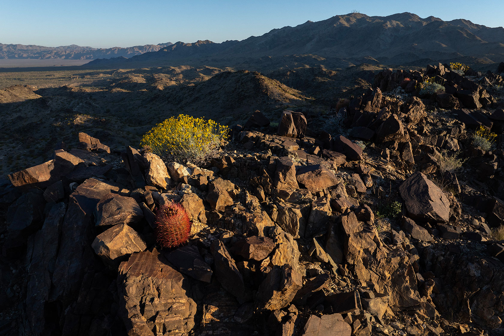 In an aerial view, dawn breaks near the Chuckwalla Mountains.