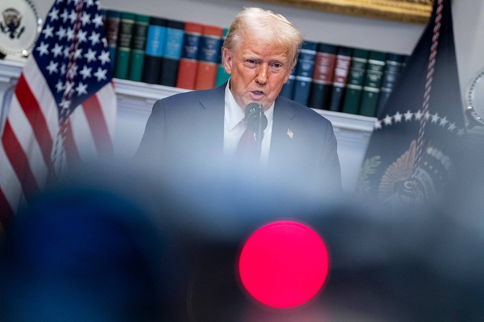 U.S. President Donald Trump speaks in the Roosevelt Room of the White House.