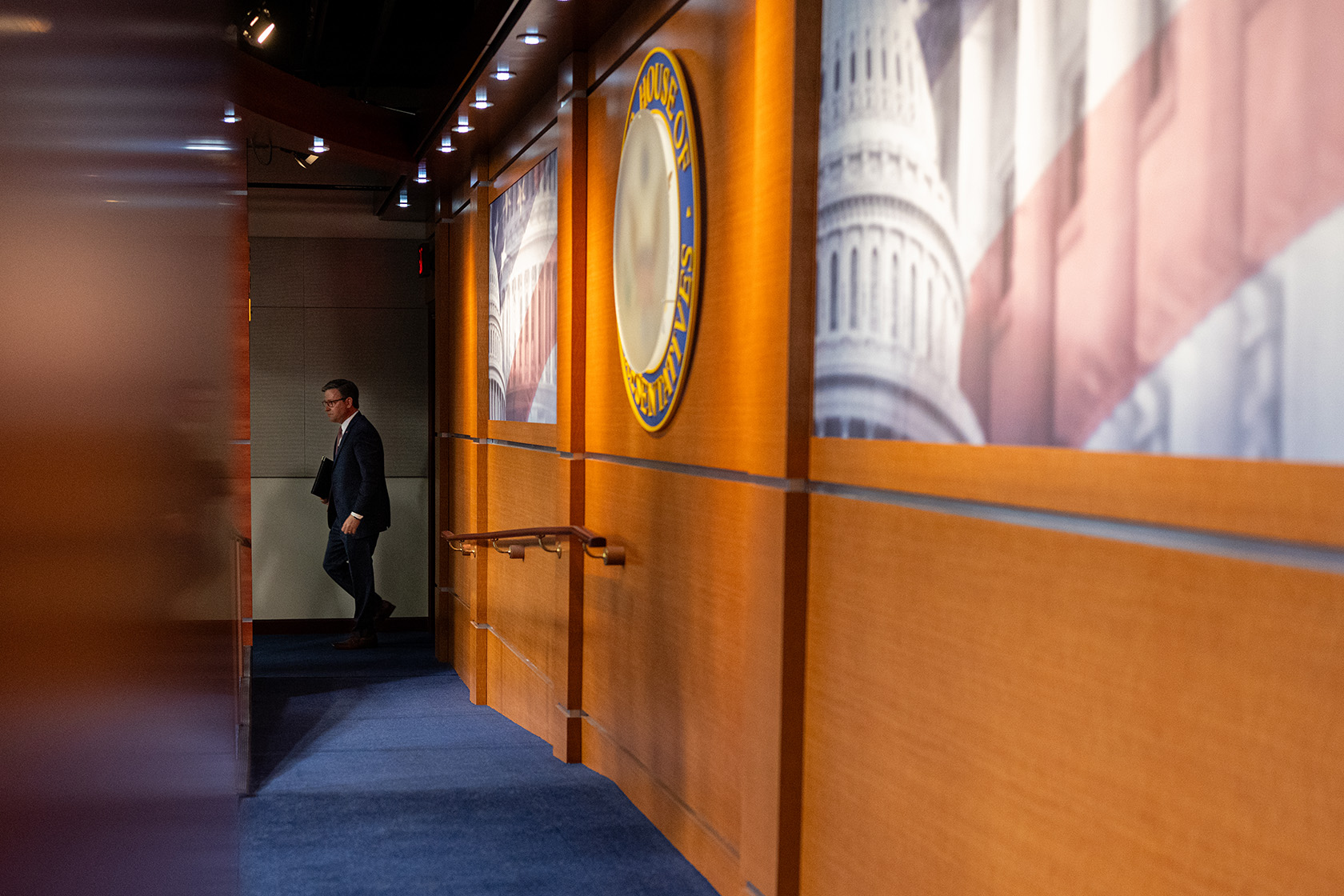 Speaker of the House Mike Johnson (R-LA) arrives for a House Republicans’ news conference.