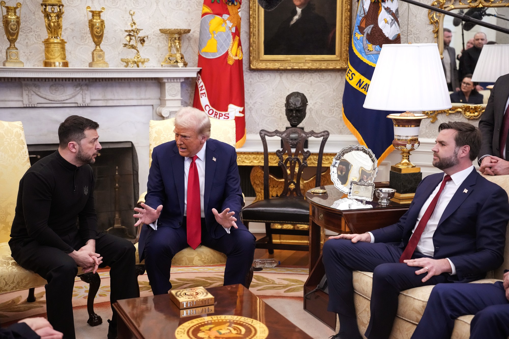 U.S. President Donald Trump and Vice President JD Vance meet with Ukrainian President Volodymyr Zelenskyy in the Oval Office at the White House, February 2025.