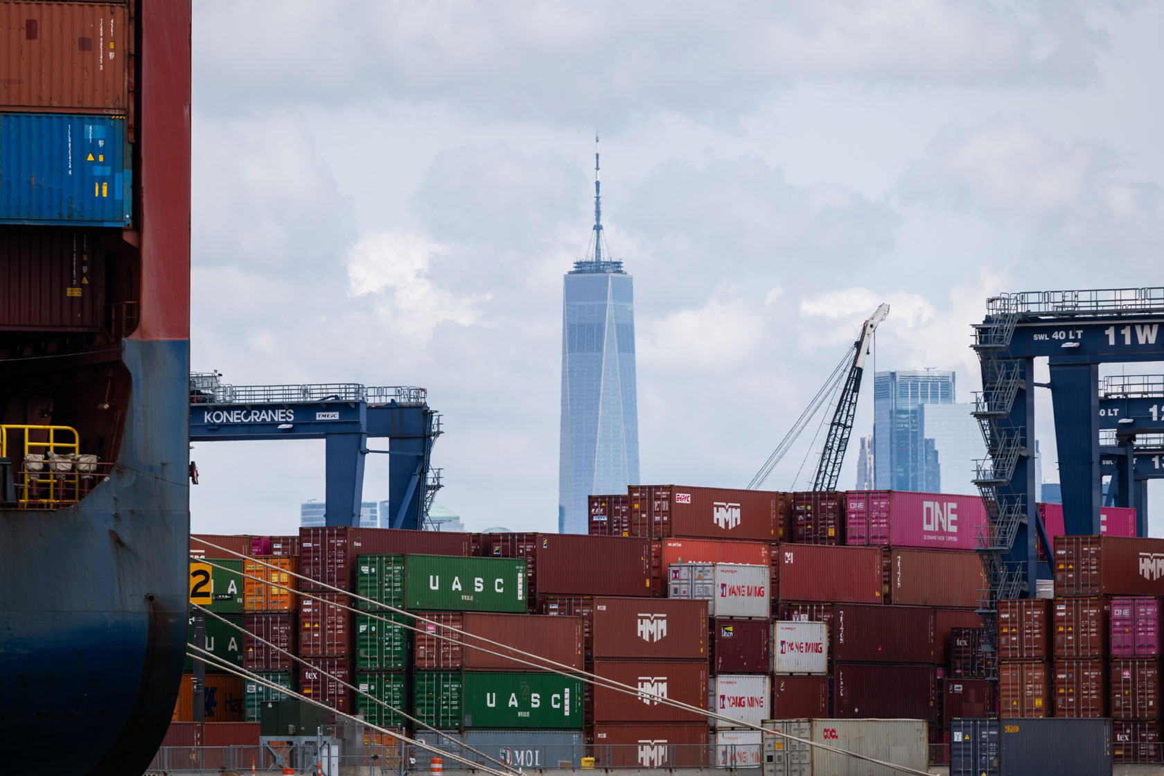 The One World Trade Center is visible behind Port Liberty in Bayonne, New Jersey, April 10, 2025.