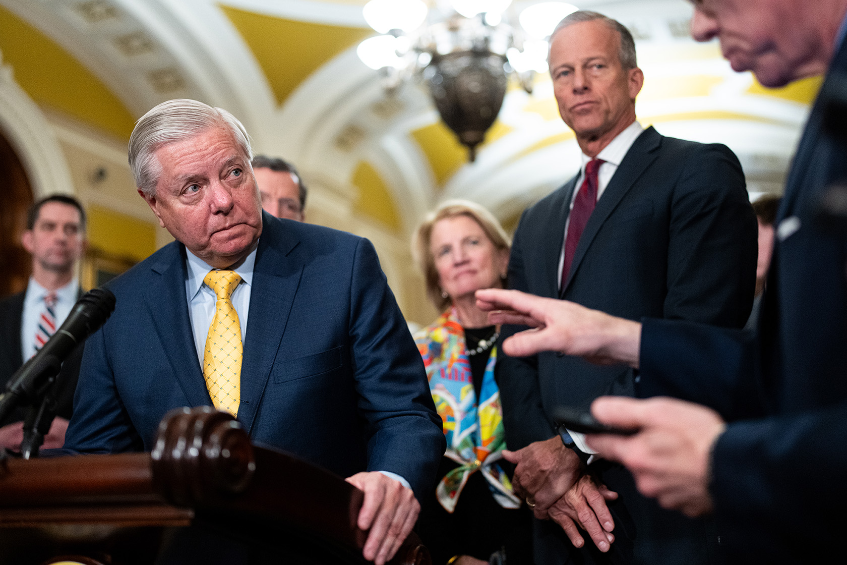 Senate Budget Committee Chairman Lindsey Graham (R-SC) speaks at a press conference with other members of Senate Republican leadership.