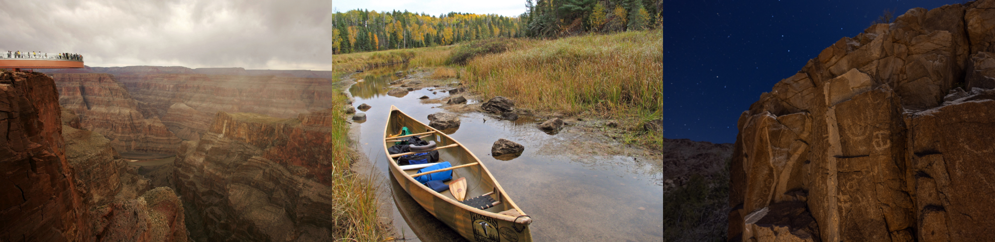 Left to right: Grand Canyon, Arizona; Boundary Waters Canoe Area Wilderness, Minnesota; Chuckwalla National Monument near Chiriaco Summit, California.