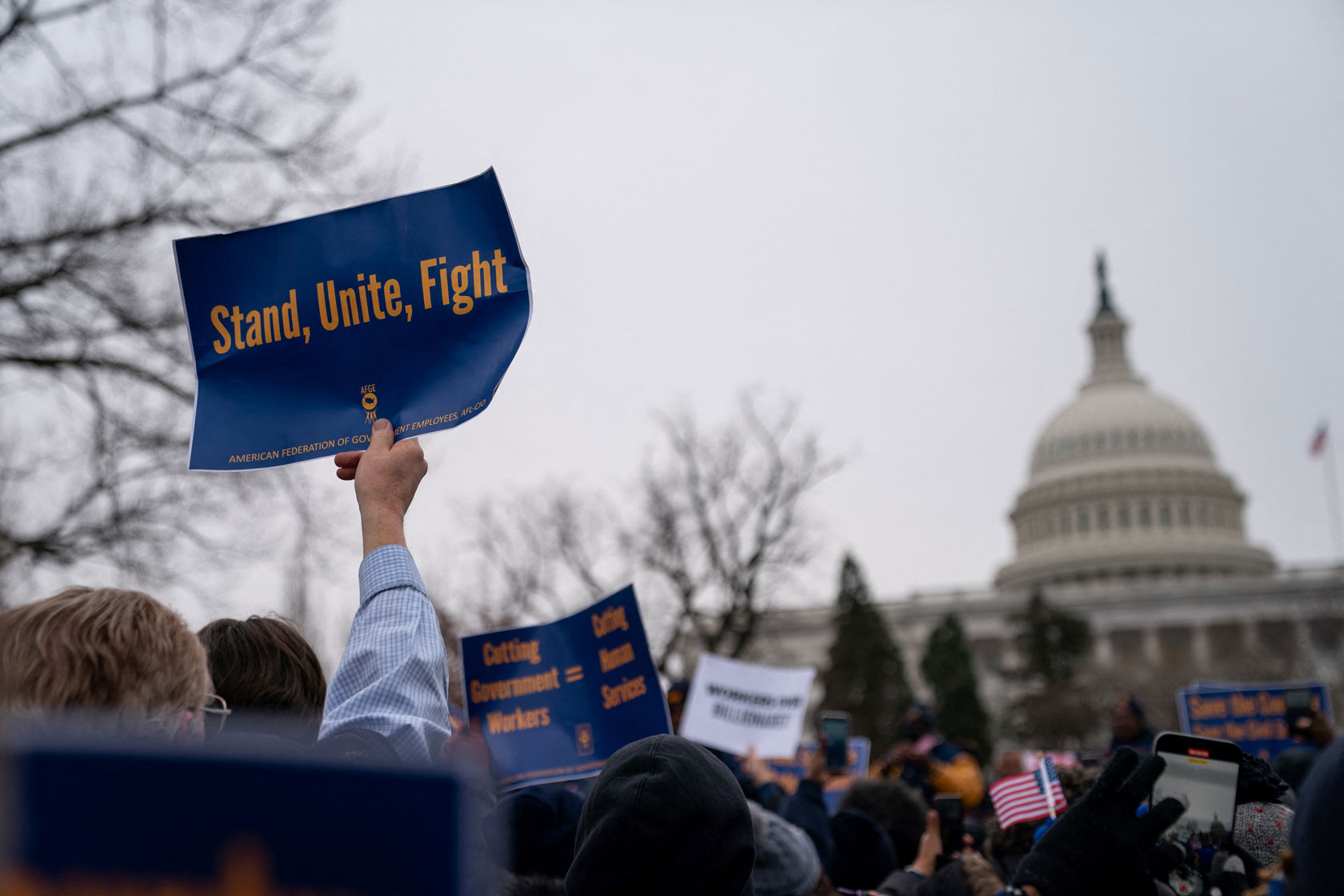 Protestors gather at a rally organized by the American Federation of Government Employees.