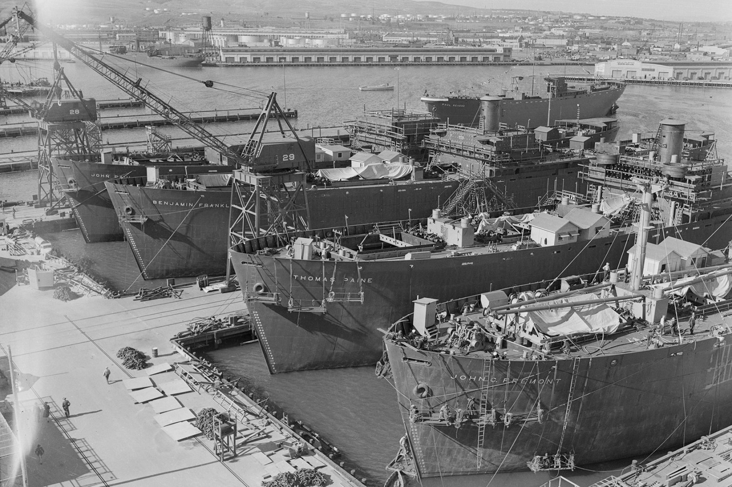 10,000-ton Liberty Ship vessels are shown near completion at the California Shipbuilding Corporation in Los Angeles.