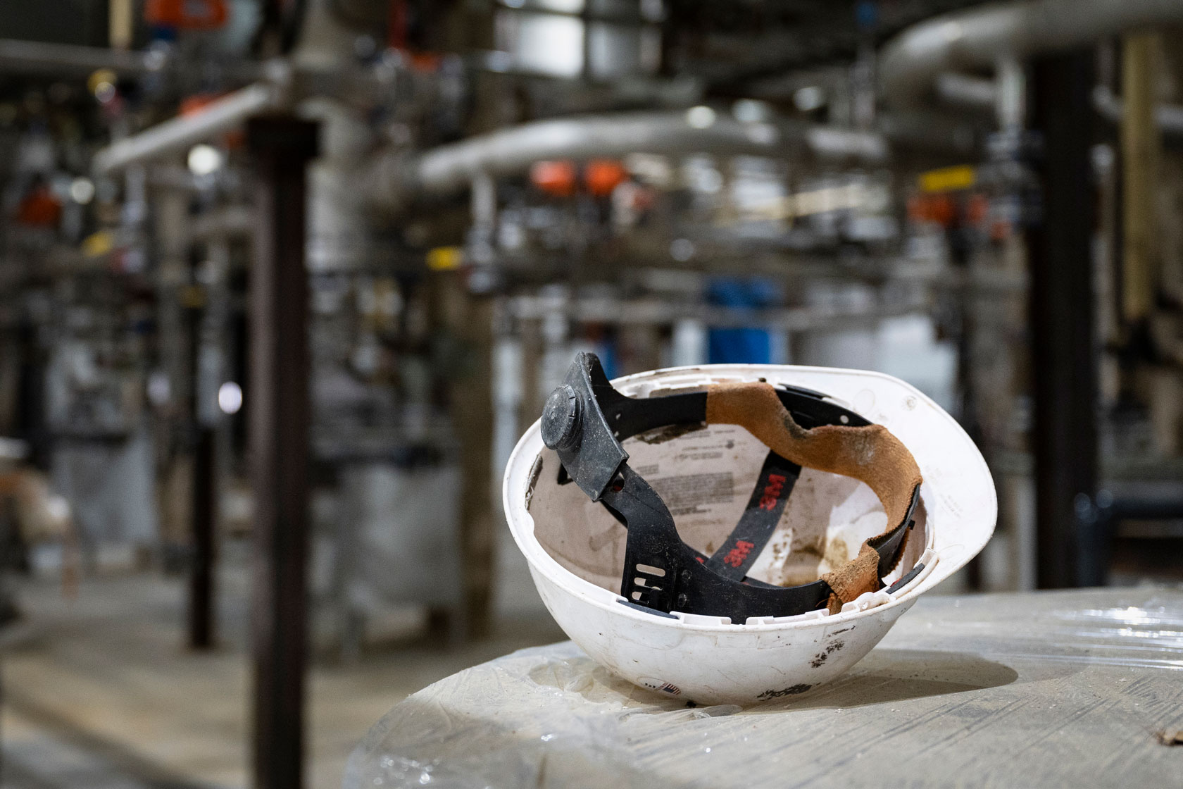 A hard hat is seen at the Blue Star NBR factory in Wytheville, Virginia, December 8, 2023.