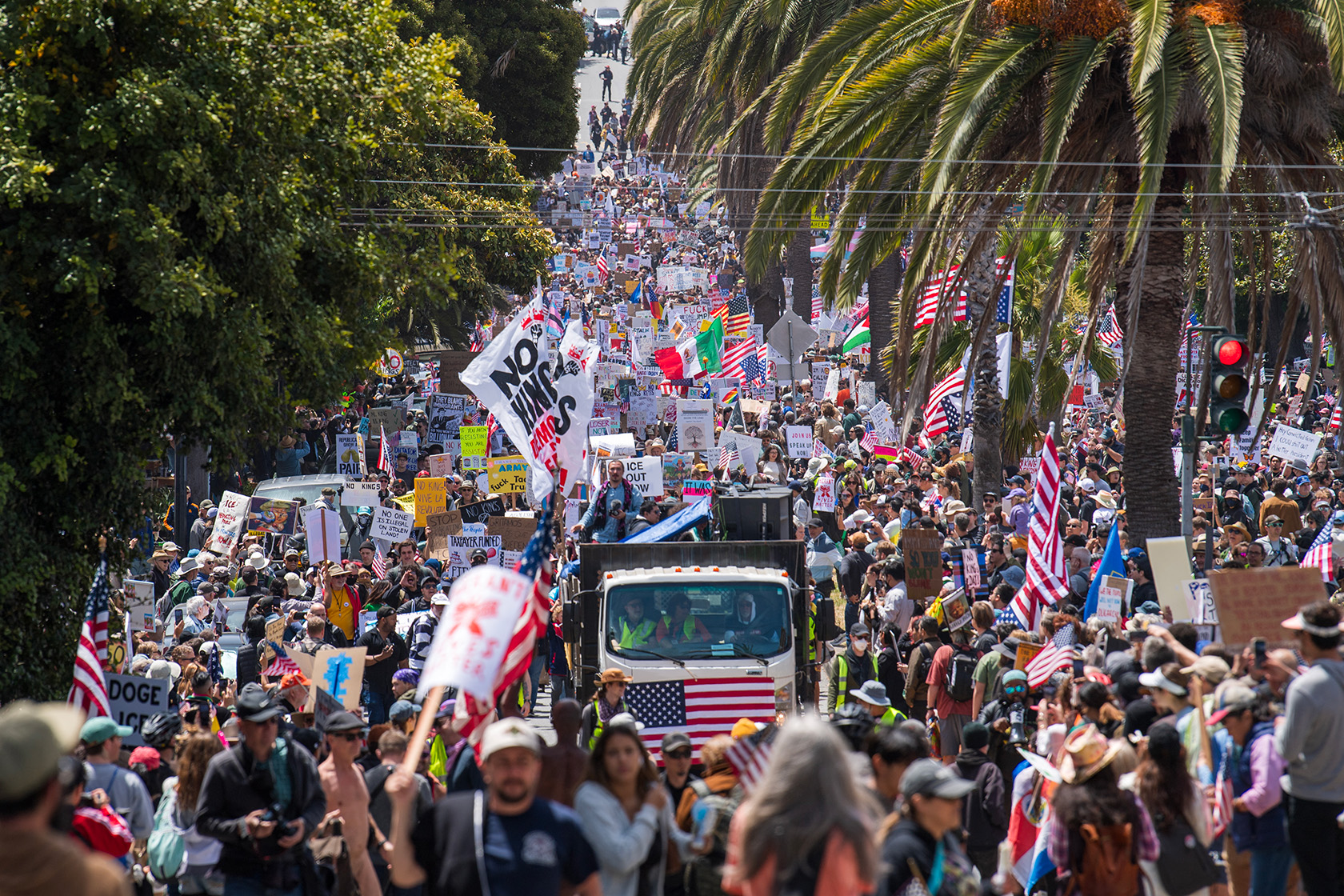 People take part in a “No Kings” protest in San Francisco.
