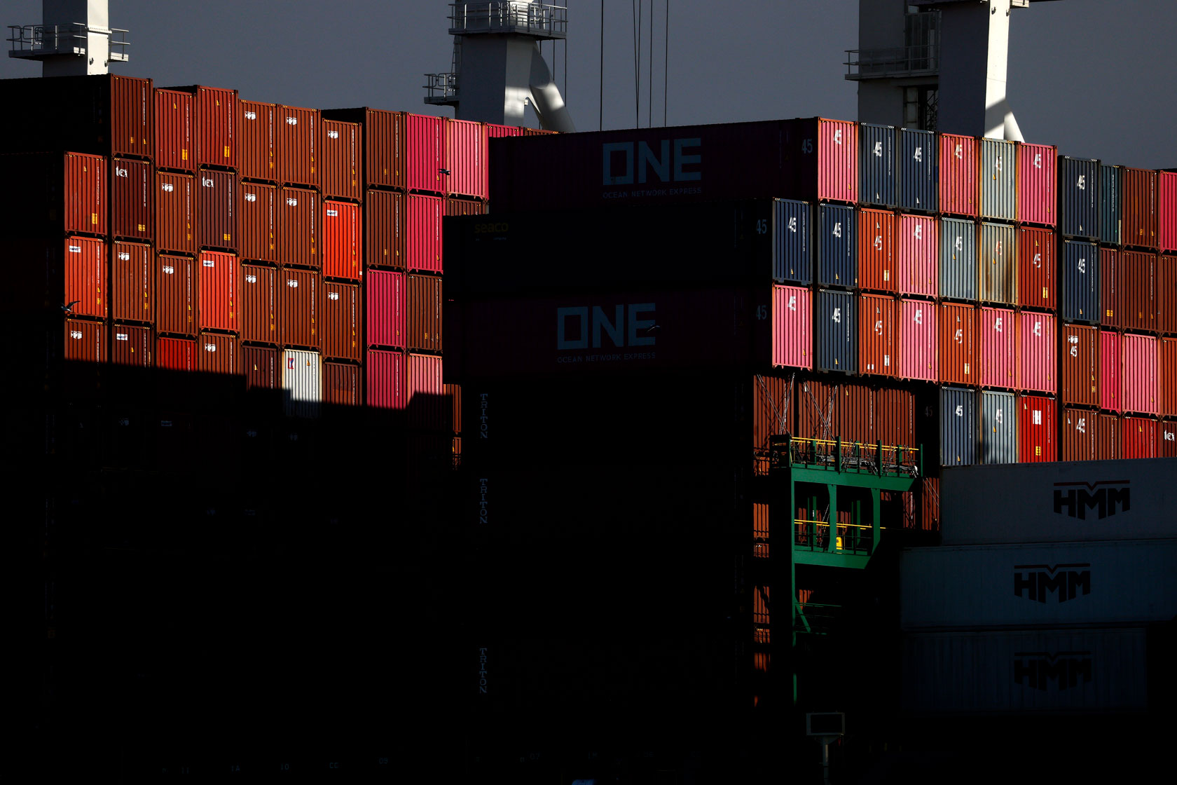 Shipping containers are seen at the Port of Oakland on August 1, 2025.