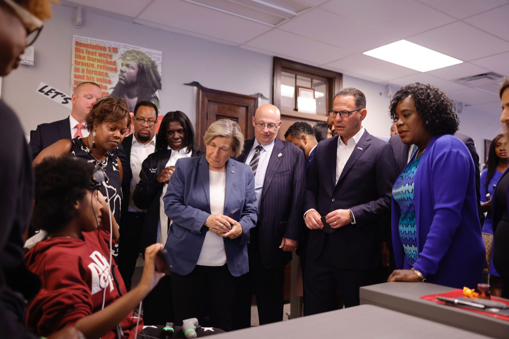 A student speaking to Randi Weingarten, Gov. Josh Shapiro and Mayor Cherelle Parker.