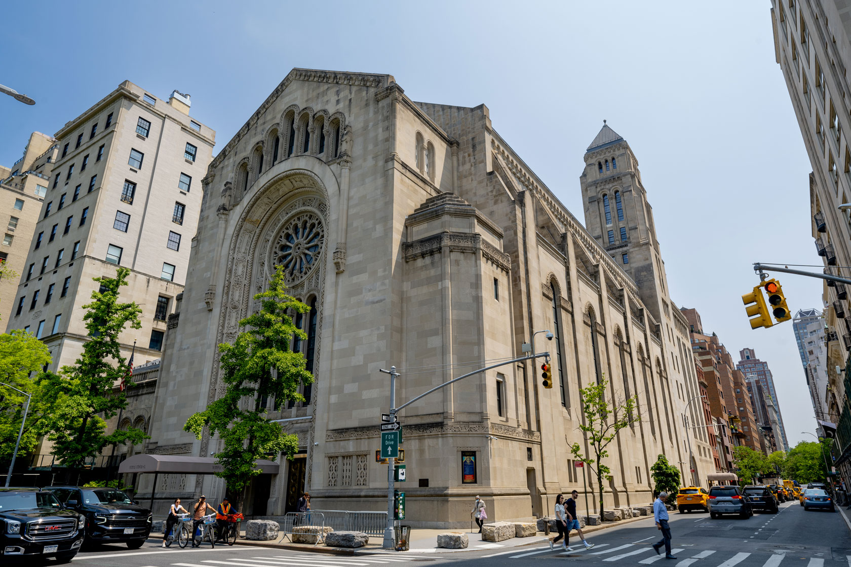 Temple Emanu-El in New York City, a towering Romanesque Revival style building, is one of the largest synagogues in the world.