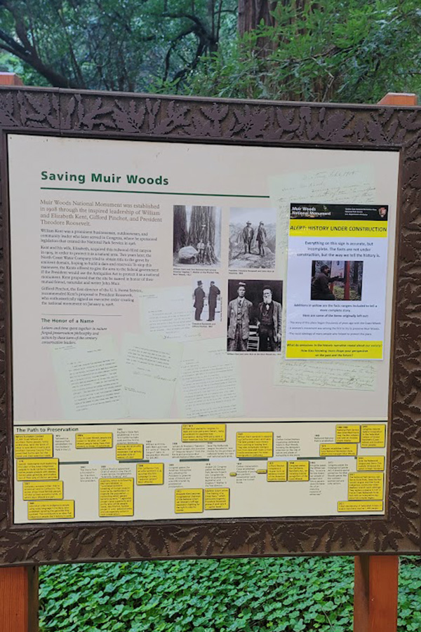 A sign on “Saving Muir Woods” is pictured.