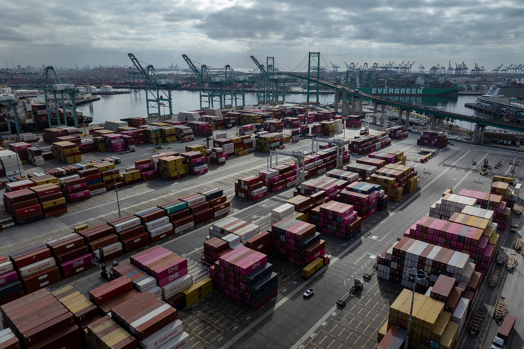 Shipping containers are stacked at the Port of Los Angeles.