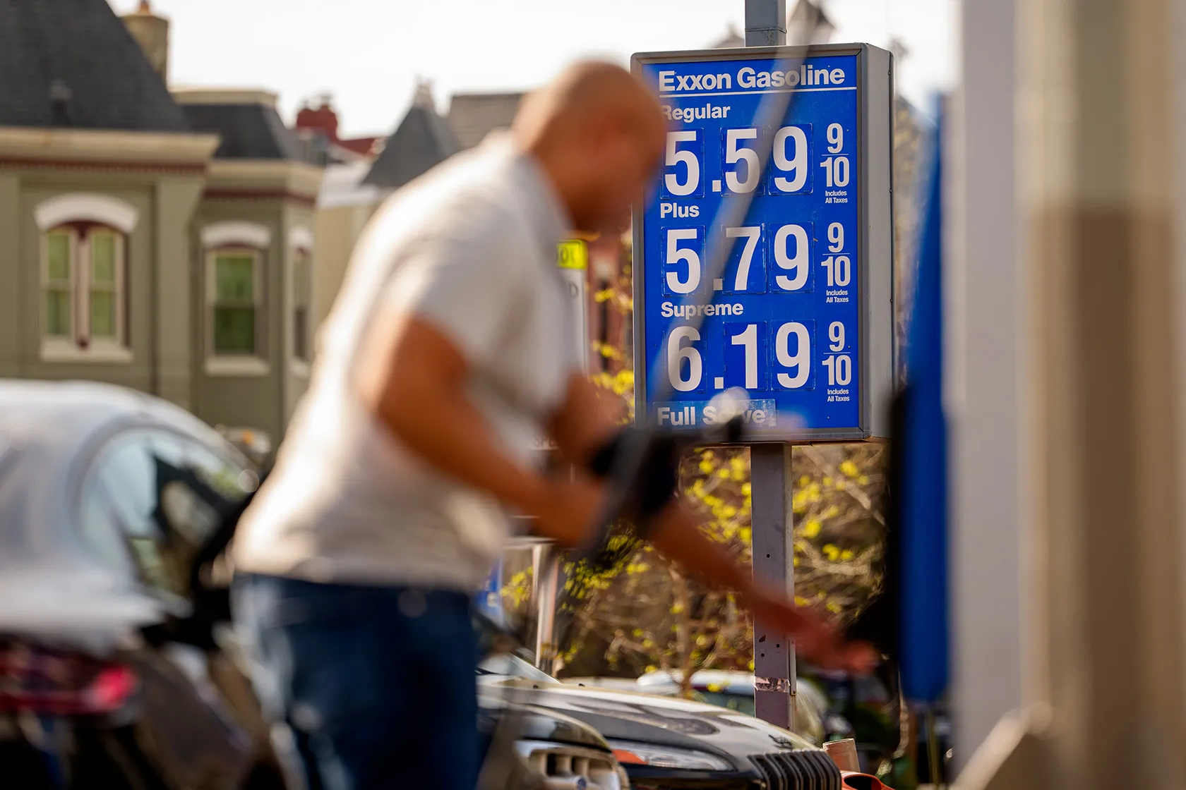 Gas prices are displayed at an Exxon Mobil gas station in Washington, D.C.