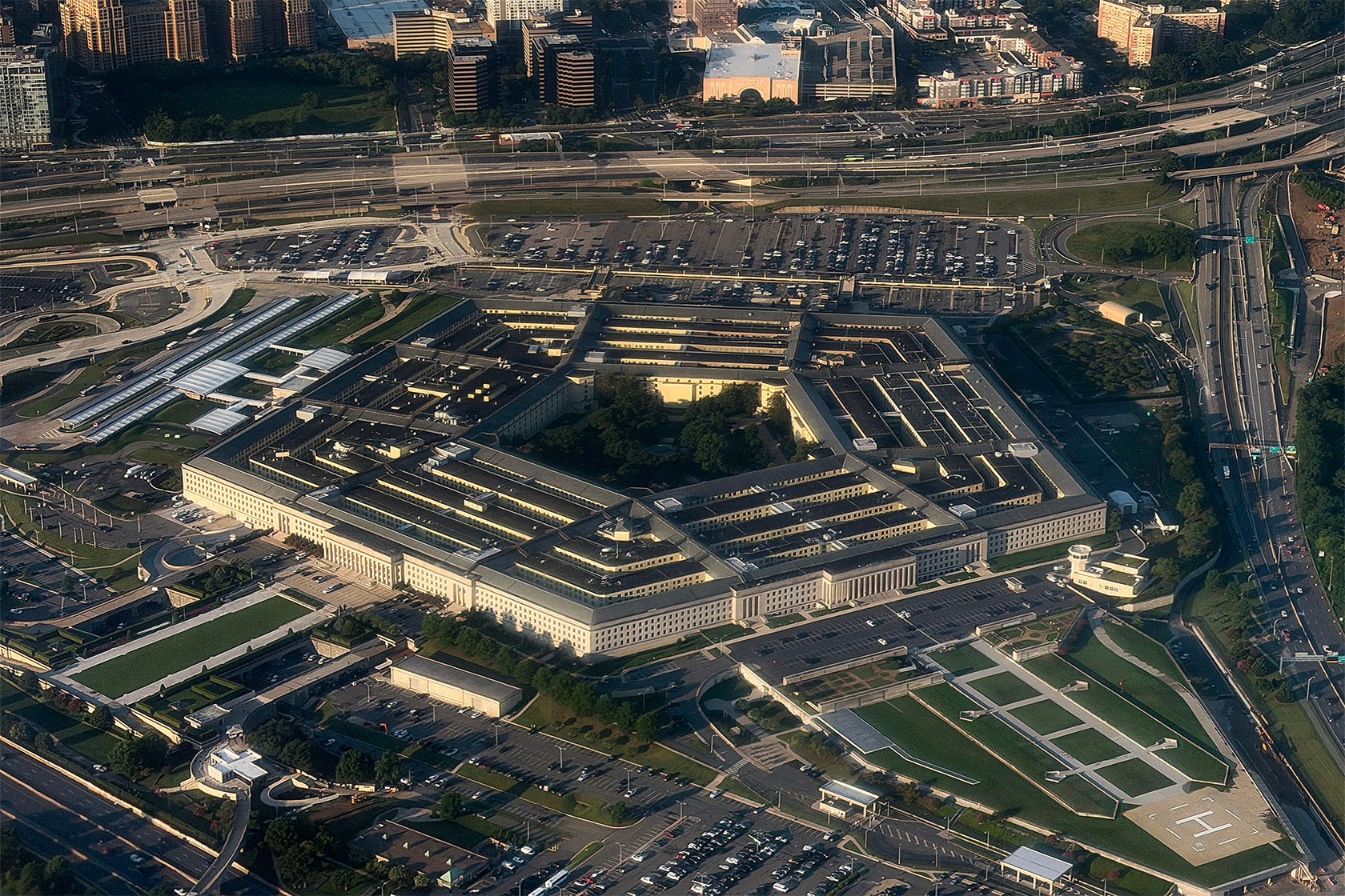 Aerial view of the Pentagon building surrounded by parking lots and highways