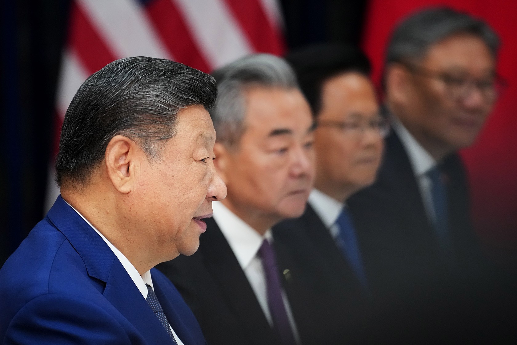 Chinese President Xi Jinping speaks during a bilateral meeting with U.S. President Donald Trump.